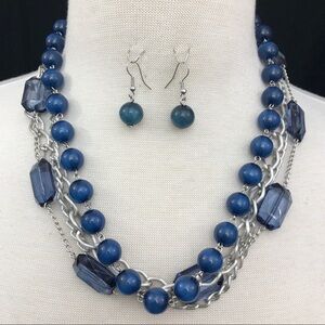 Blue Bead 4 Row Chain Necklace Earrings Set